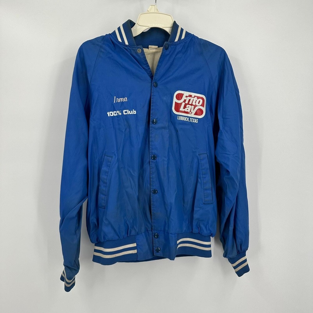 Men Vintage Frito Lay Jacket Sz L Blue 100‎ Percent Club Lubbock TX Satin Bomber
